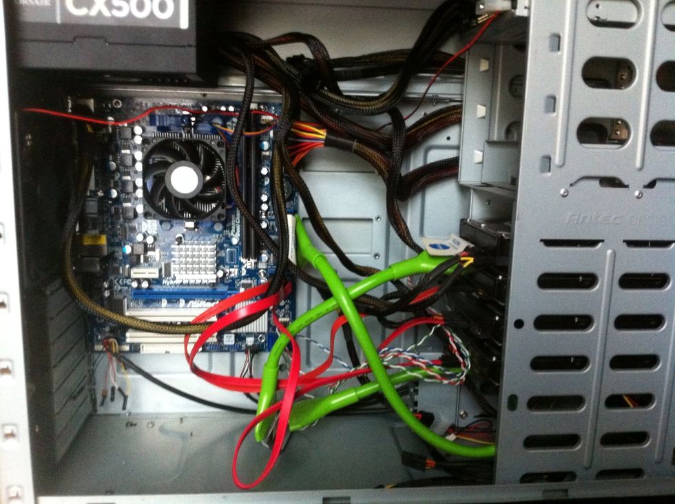 Connect everything up. Install the processor and ram. Then connect power to the motherboard: there will be instructions with your board, however, the connectors are designed to be pretty foolproof.