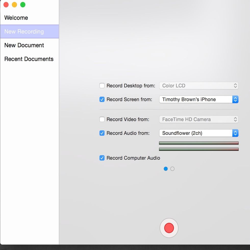 Connect iPhone to computer using USB lightening cable. Select "New Document" (left) and select iPhone from "Record Screen" menu.