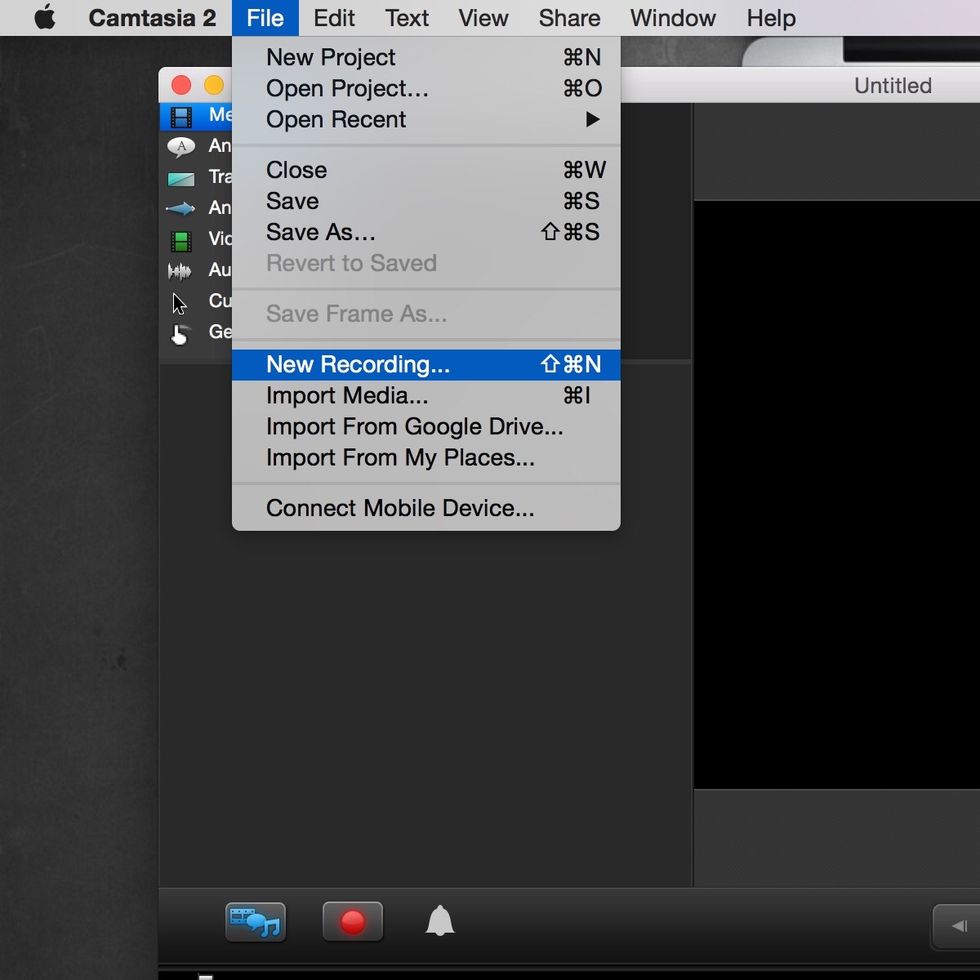 Connect iPhone to computer using USB lightening cable. With Camtasia open, select "file" and "new recording."