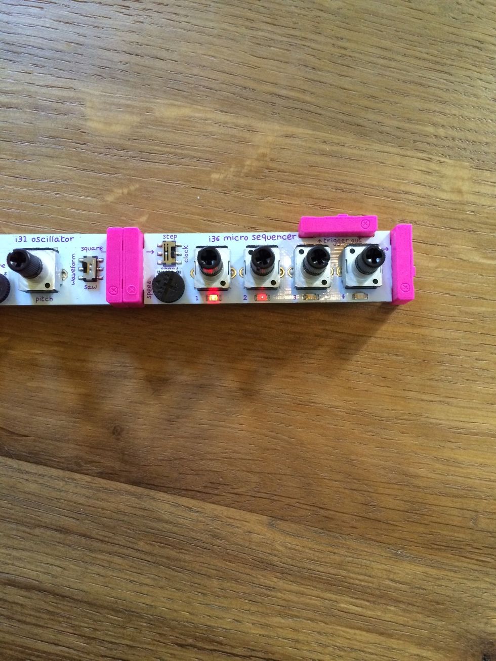 Connect the i36 micro sequencer module to the oscillator. This will send out notes at set times.