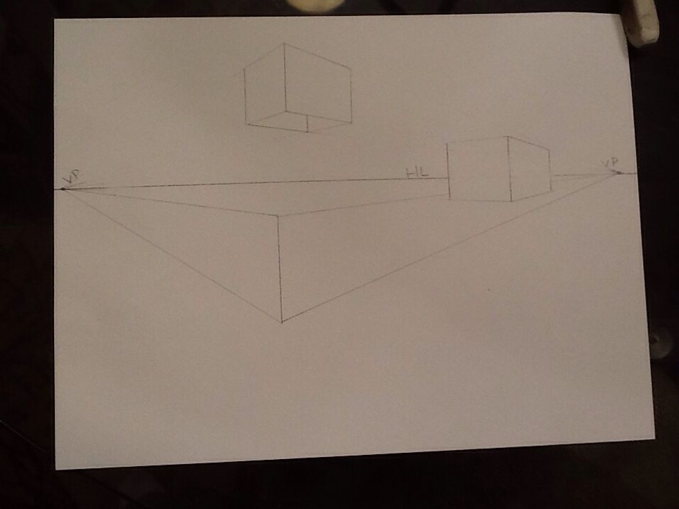 Connect the top and bottom of the line to both vanishing points.