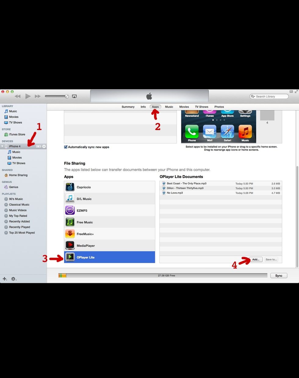 Connect your device to any computer with the latest iTunes. Be careful to not sync with it. Go directly to the "Apps" tab, scroll to the bottom, and choose "OPlayer Lite". Here you'll see your files.