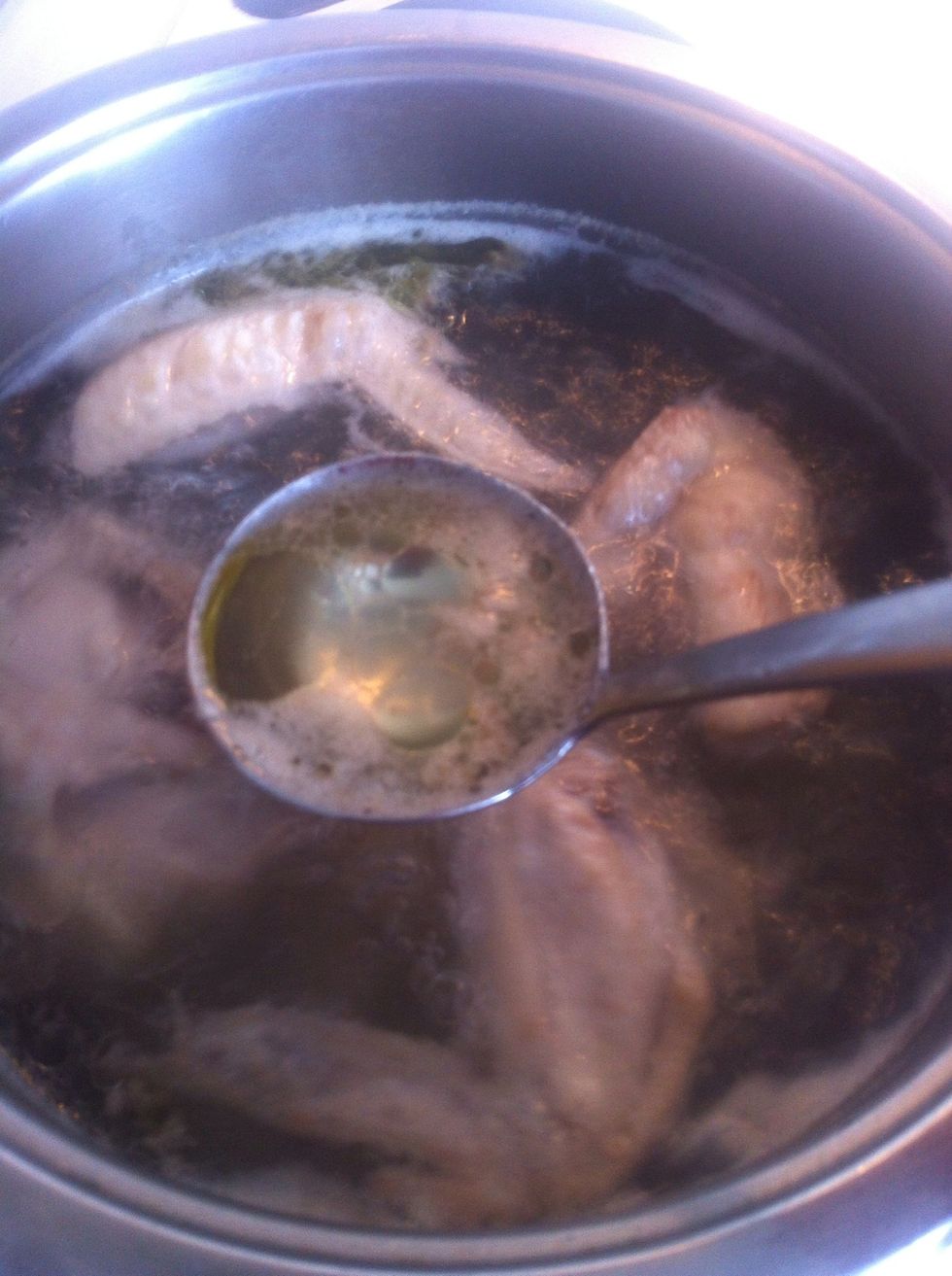 Constantly skim the fat to make a clear broth. It take about 1hr - 1 1/2 hr. I know it took a while,but i do want the chicken to be really tender-fall of the bone