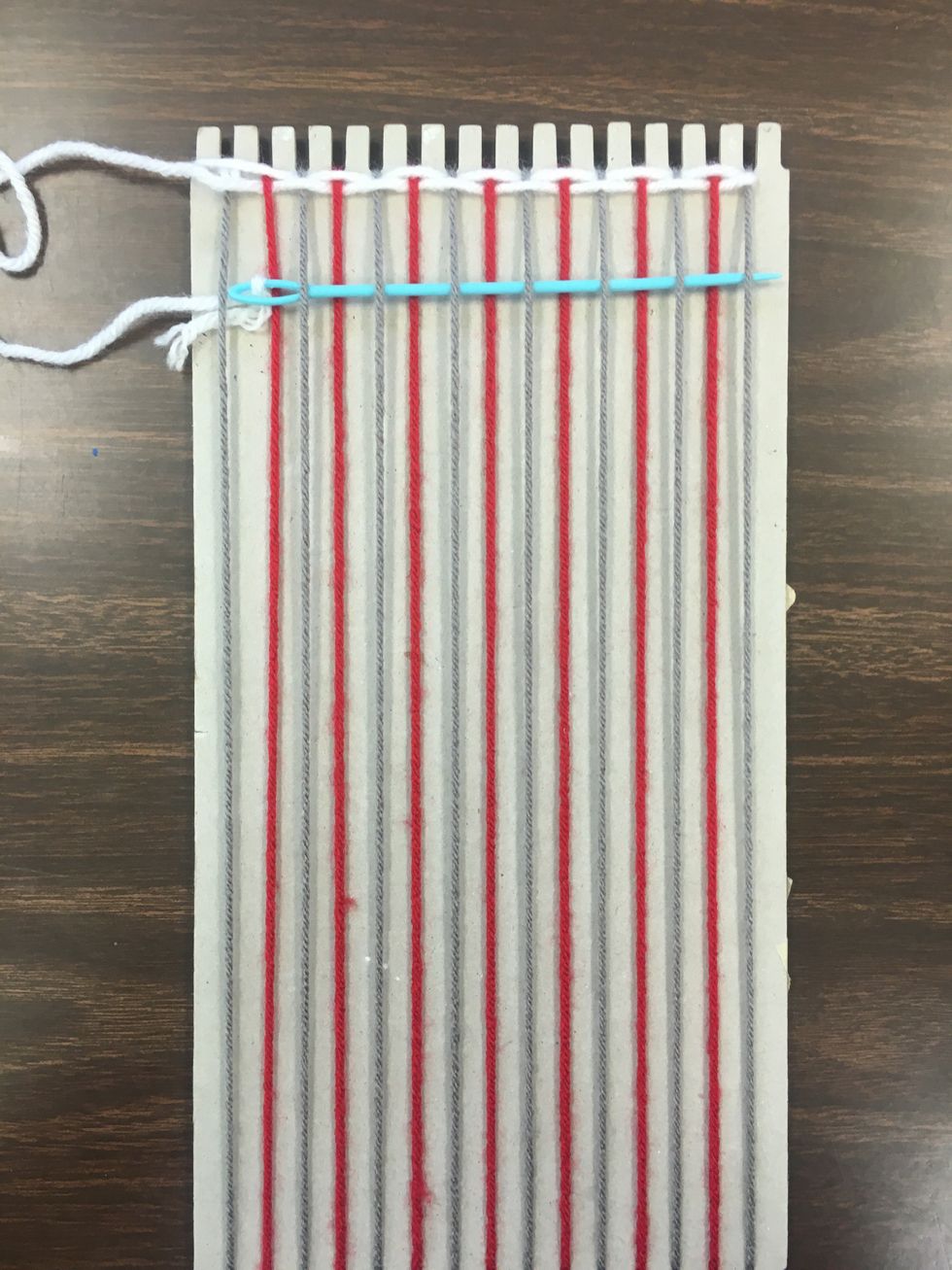 Continue back. Notice the gray thread is now the top thread & the red the bottom. Be careful when you pull through to not pull too taught left to right or R/L  because your weave will change shape.