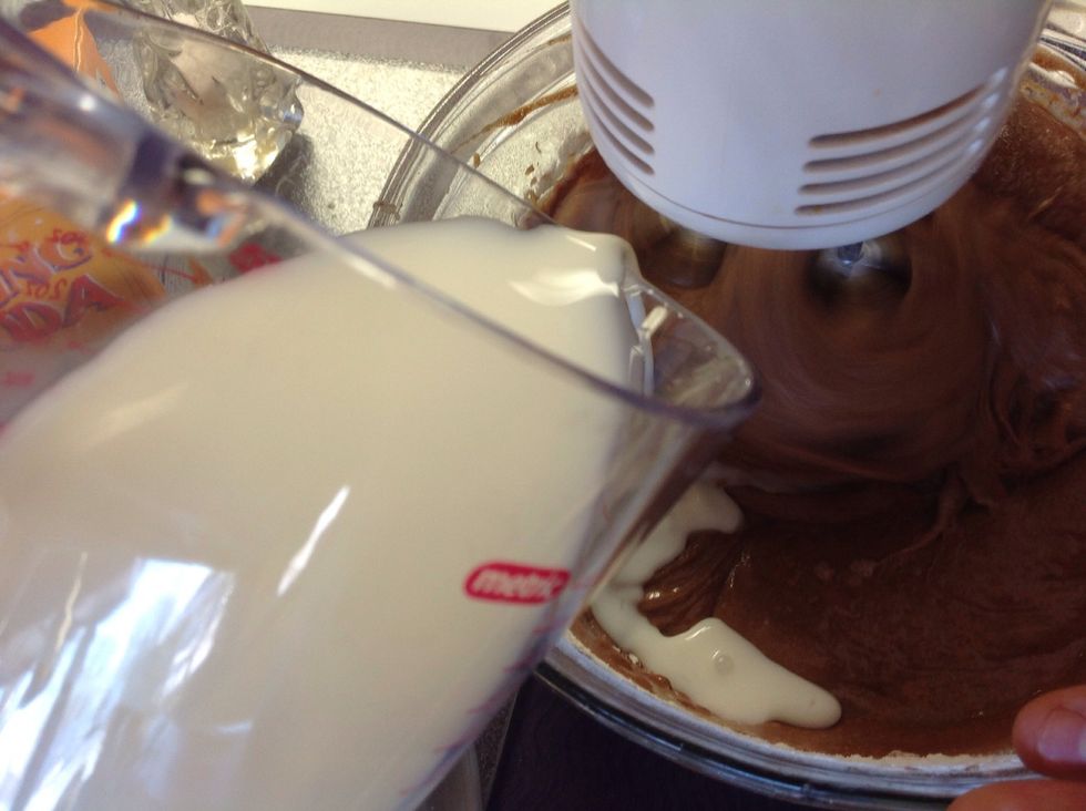 Continue beating with mixer while stirring in the remaining flour with milk