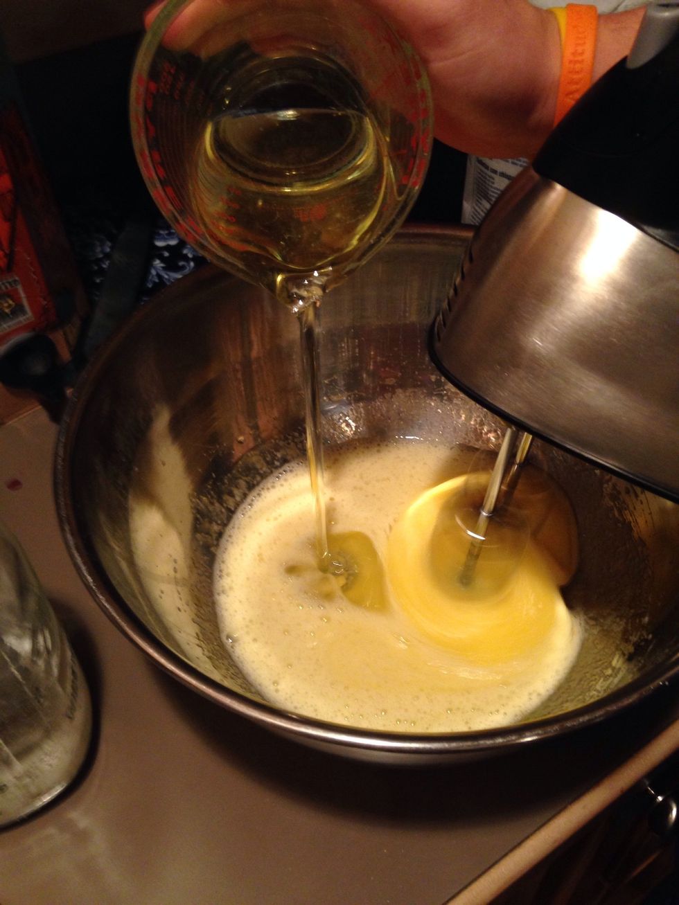 Continue blending on low and add oil, milk, and vanilla until smooth