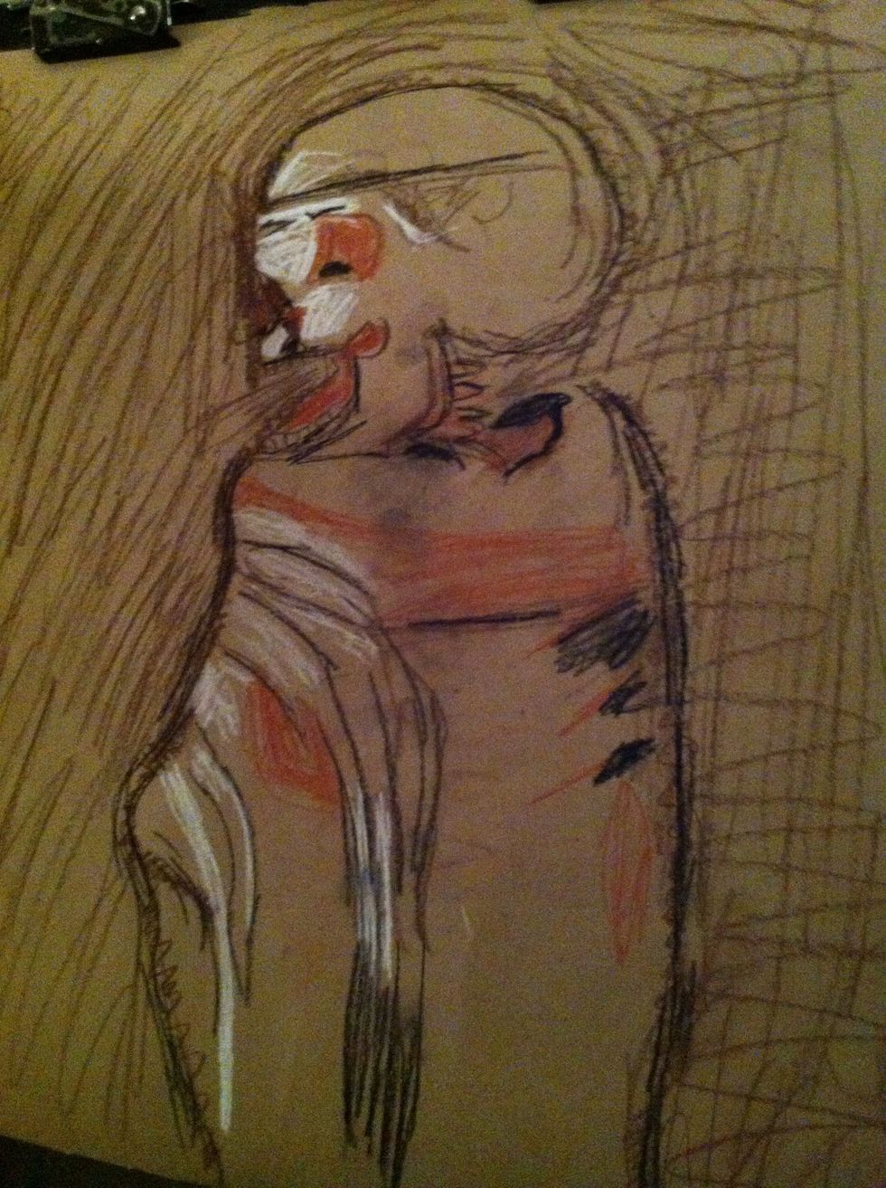 Continue building up values. Use only lines- hatching and cross contour. Do not smudge the conte crayons.