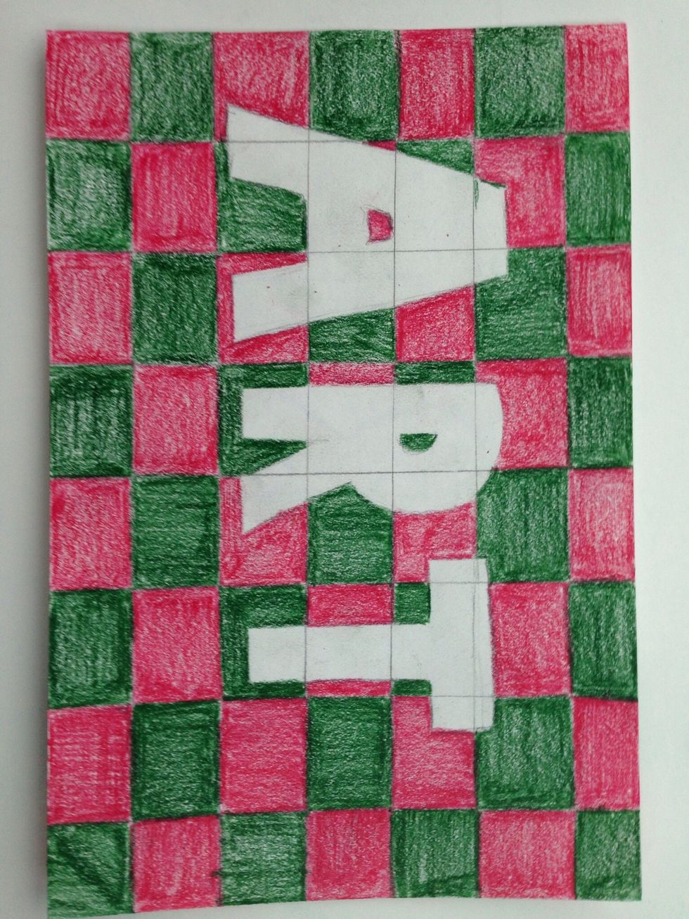 Continue coloring the background squares in a checkerboard pattern. Do not color any portion of the square that is within the drawing of the object or word.