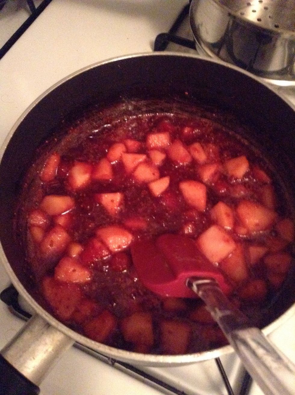 Continue cooking until the apples are almost totally melted in - maybe 30 mins.. Maybe less ( you can also cook the apples separately before adding )