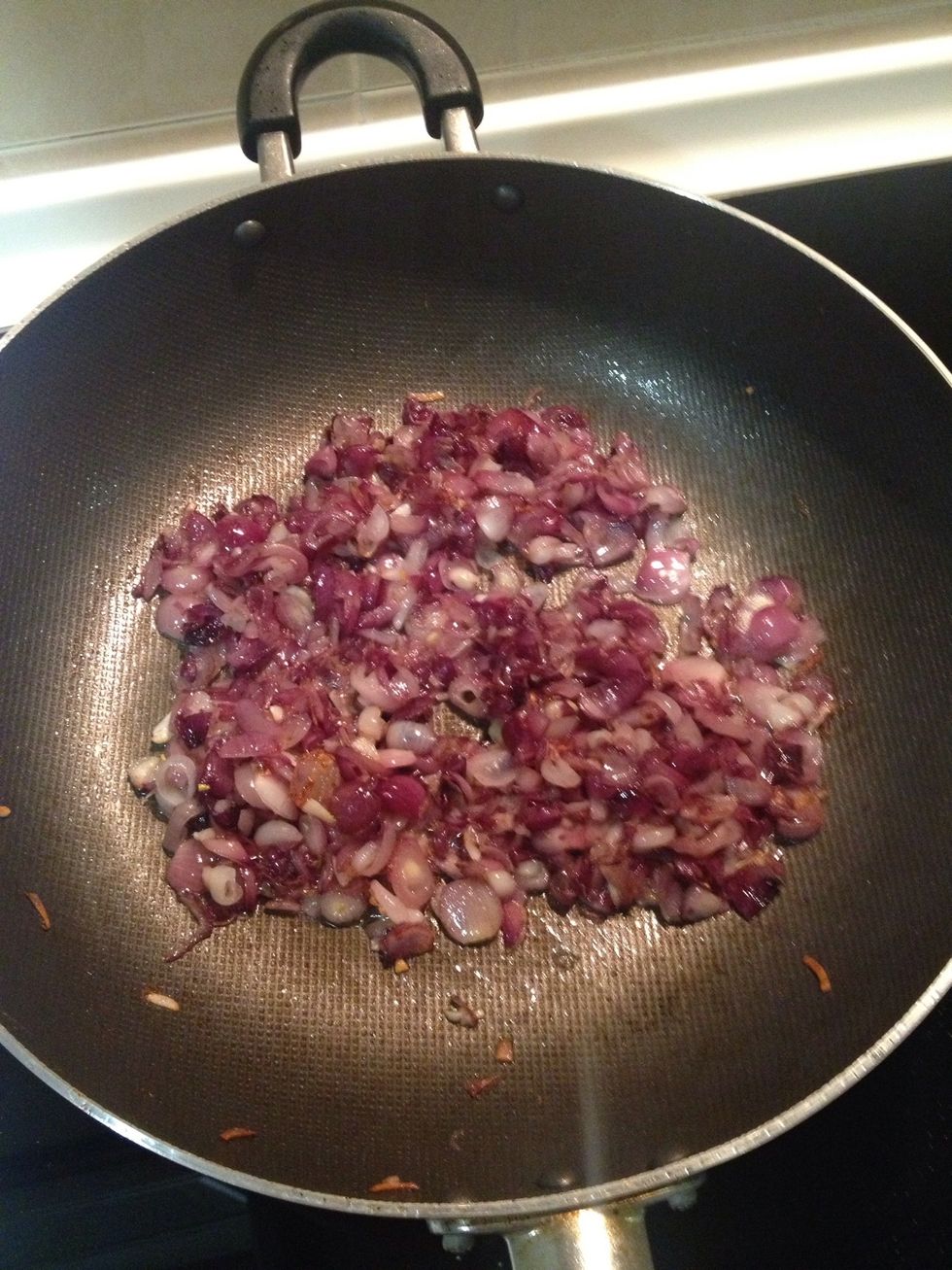 Continue frying the shallots until you see some starting to turn brownish and yet some still in slight purplish.
