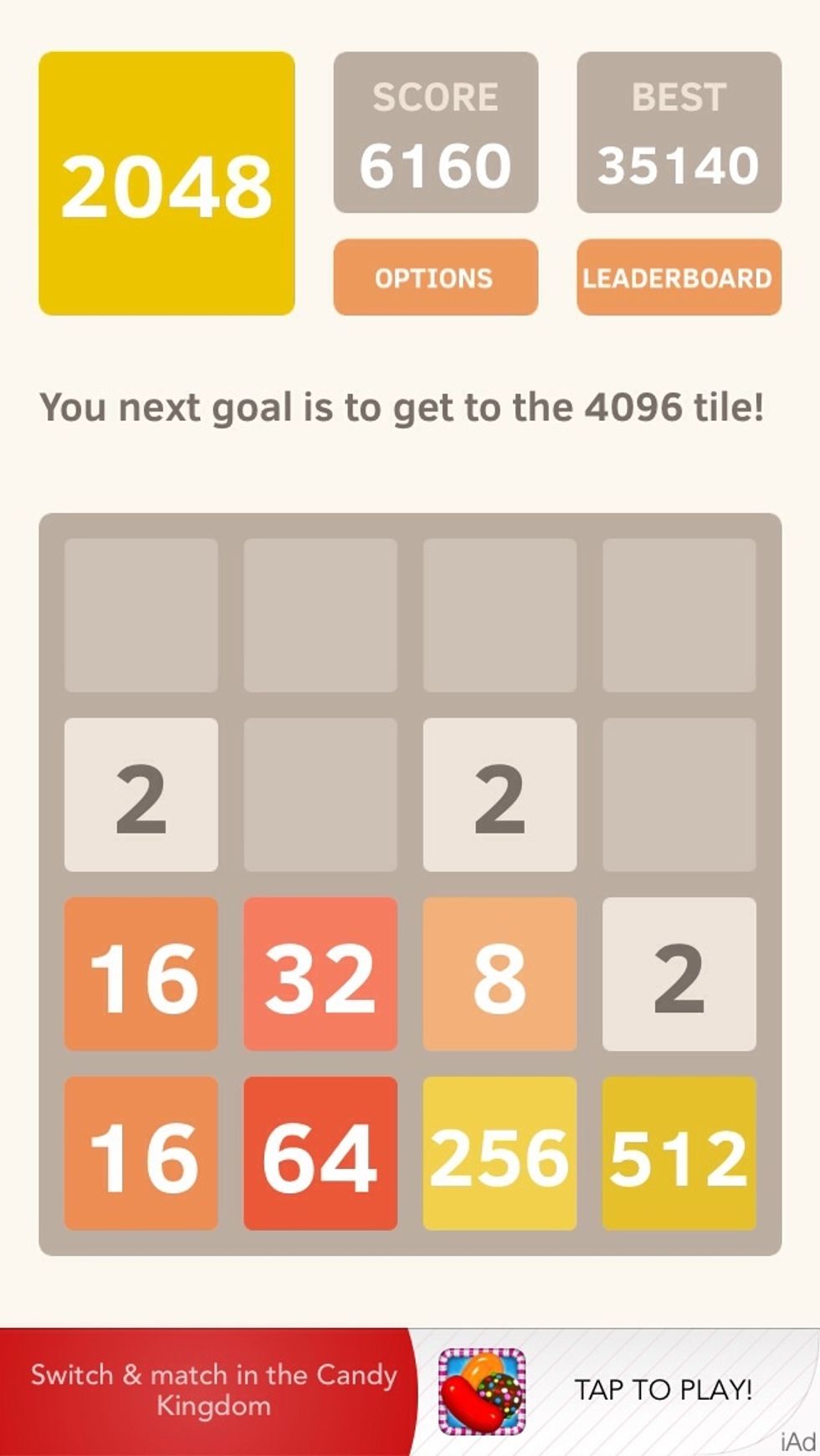 Continue like this and you'll win. Remember: only swipe up if there's no other option and do everything in your power to keep the largest digit in the lower right corner!