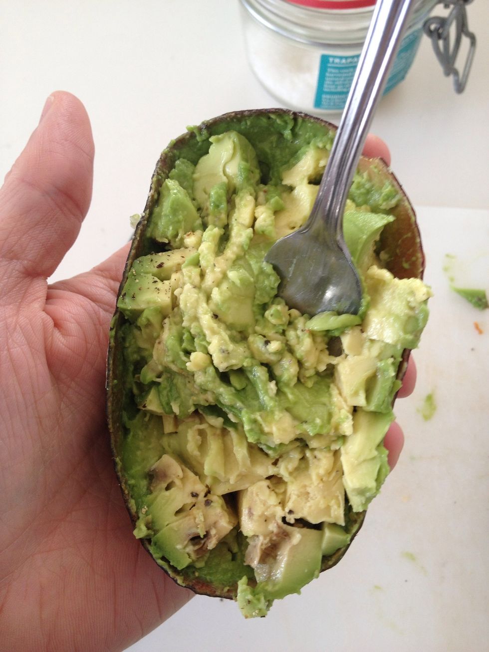 Continue mashing (about 1 min) until the chunks become a consistent paste.