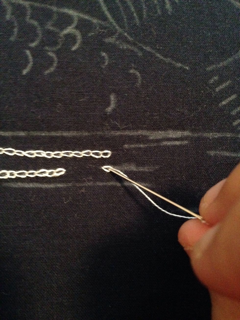 Continue on by repeating the steps. Again you will reinsert your needle back through the insertion point of your last stitch.