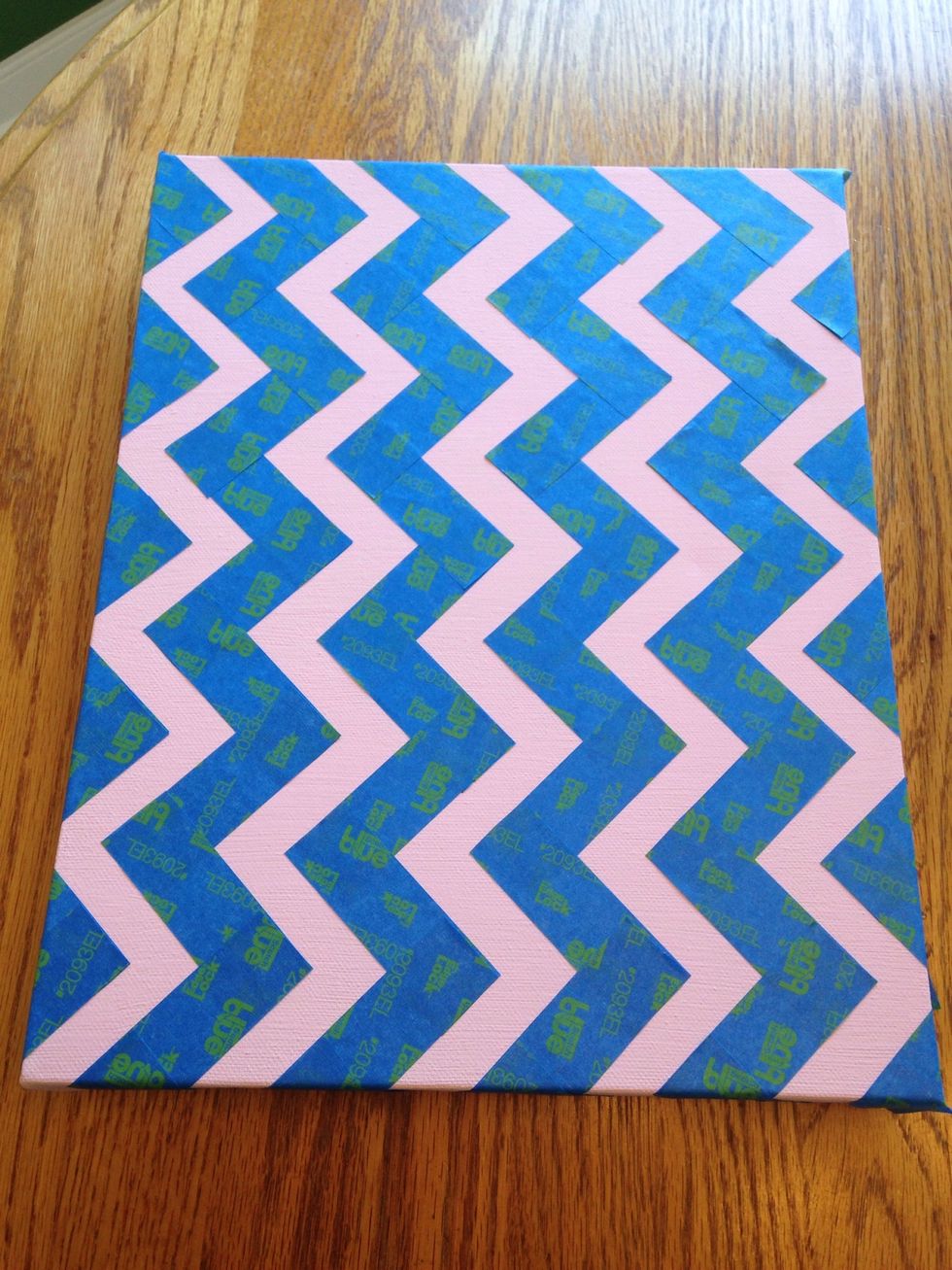 Continue pattern for entire canvas until completely filled, including sides.  It looks like pink is the skinny chevron, but it's actually the thicker one, covered by tape.