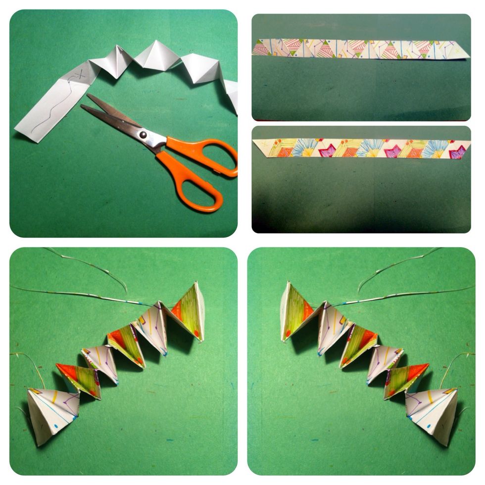 Continue till you have 19 triangles. Cut off end. Fold creases again, back & forth, really well. Design & color. Larger pics at end explain pattern or color later. Zig zag crease both ways again.