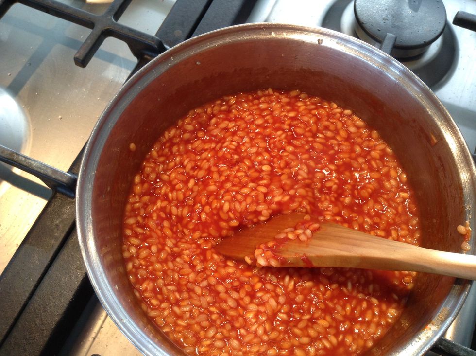 Continue to add chicken stock and reduce until there is no more chicken stock.