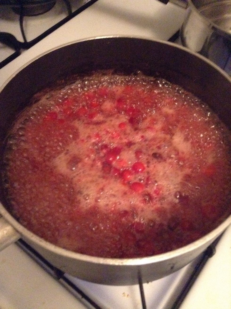 Continue to boil for at least ten minutes ... You will hear the cranberries popping- don't be alarmed lol