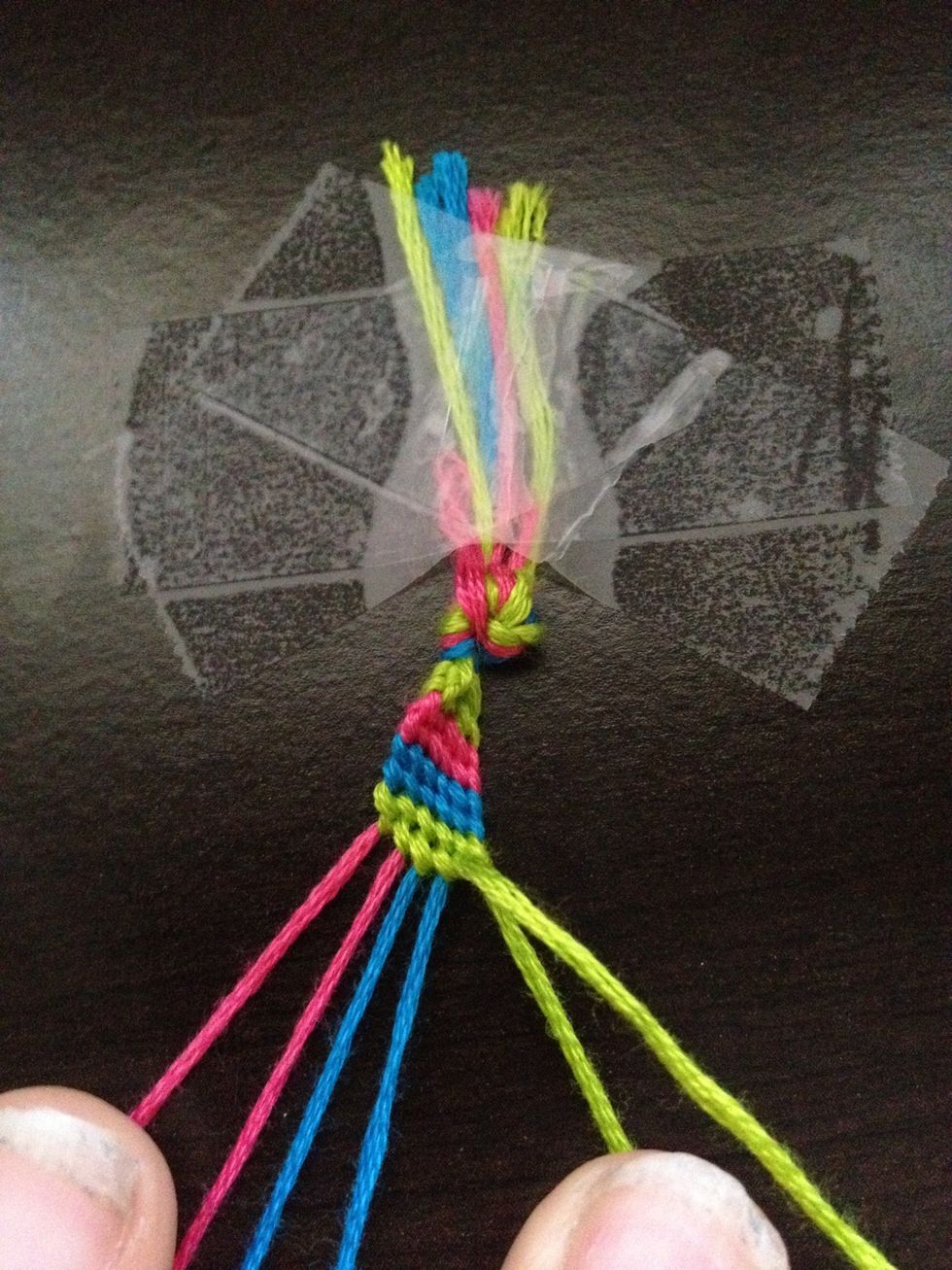 Continue to do thing along the entire row. When you get to the end of one row, leave the thread at the end and start on the next row.