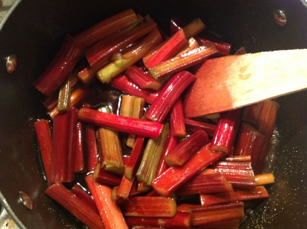 Continue to gently stir the rhubarb as it cooks. The alcohol from he Brandy will evaporate and the rhubarb will release water as it cooks.