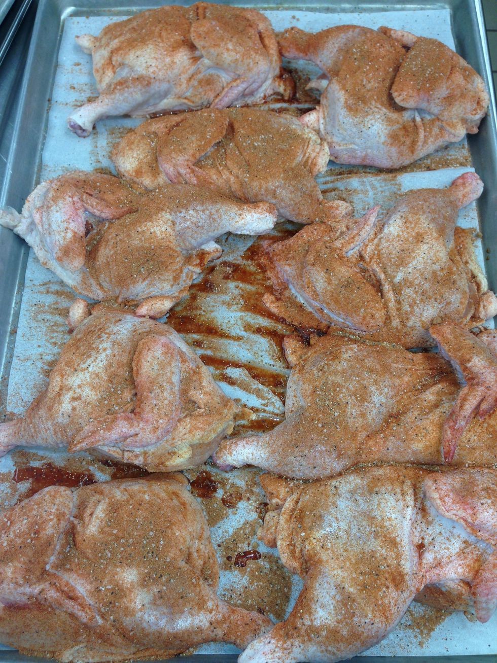Continue until all chicken halves are evenly seasoned with the BBQ Dry Rub Seasoning.