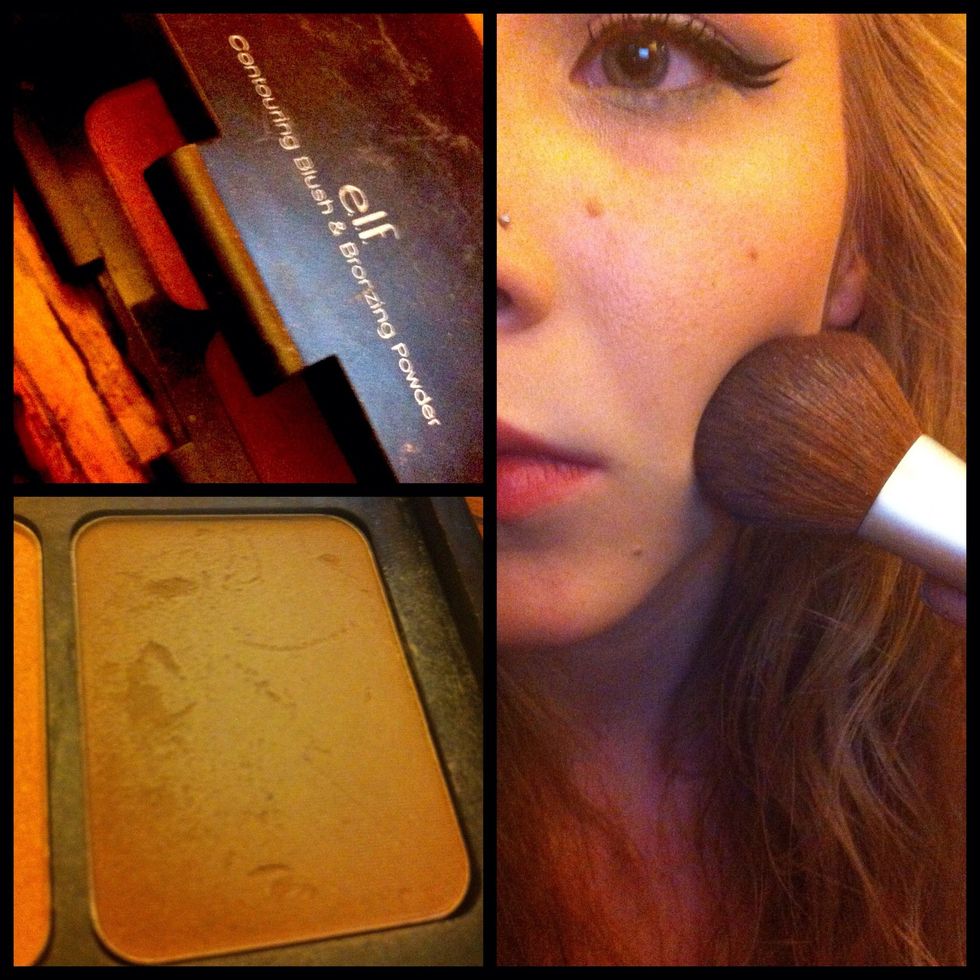Contour with a matte powder darker than your skin tone, under the high points of your cheek bones down to your jawline on either side of the chin, & along the sides of the bridge of your nose.