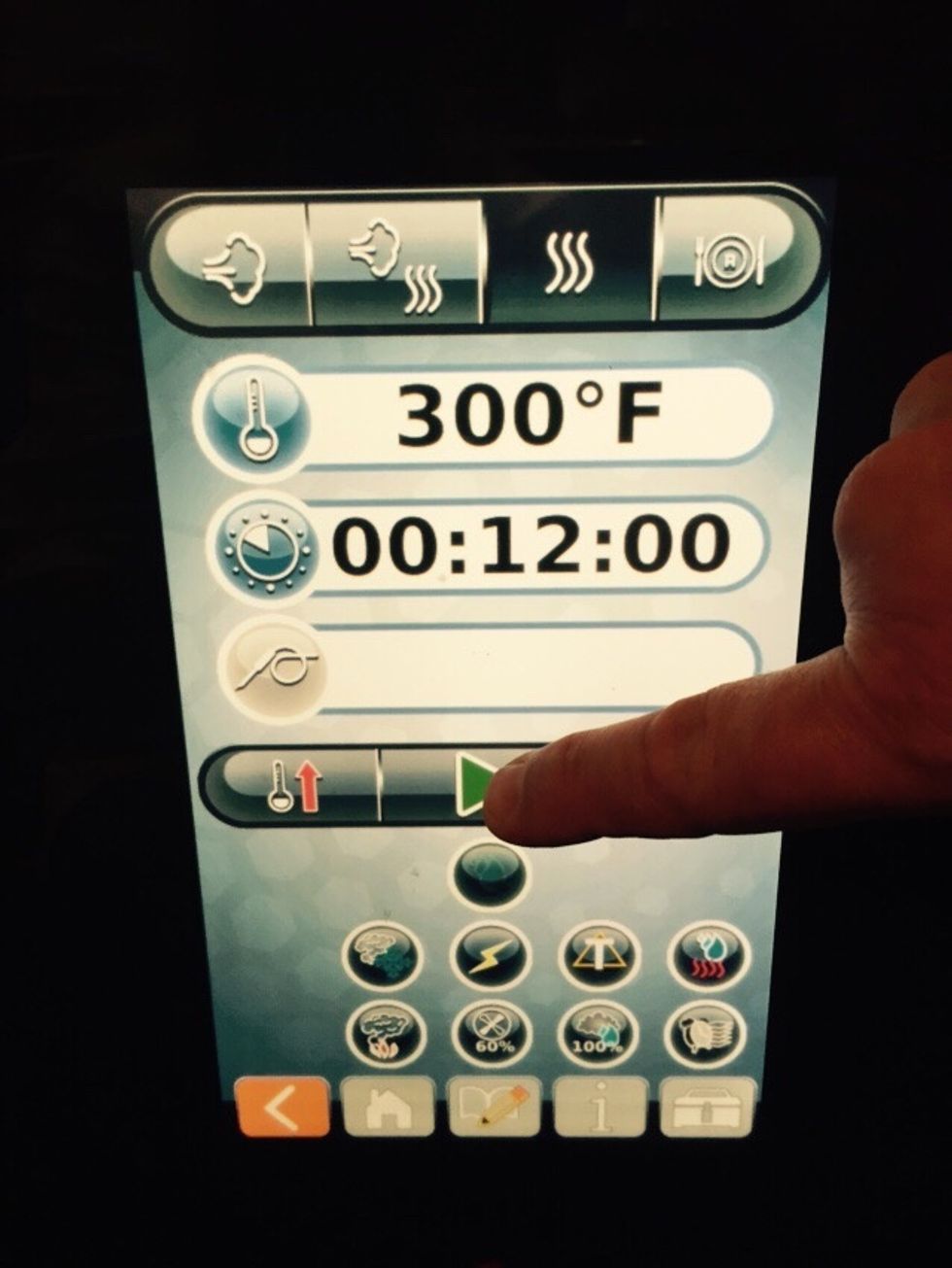 Conv. mode 300F (149C) for 12 min- hot smoke button- 20% fan speed.