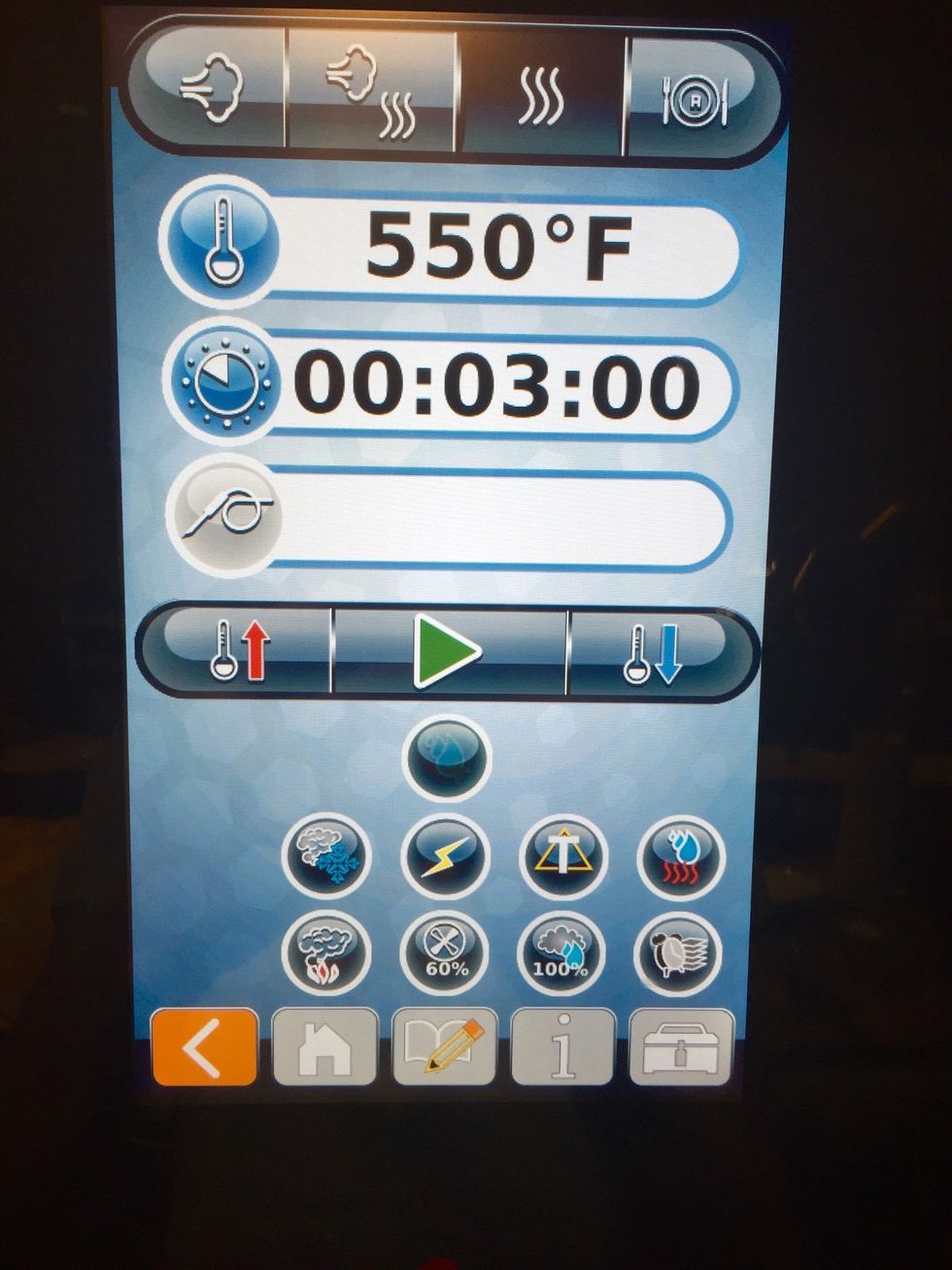 Convection mode 550F (288C) for 3 minutes with 60% fan.
