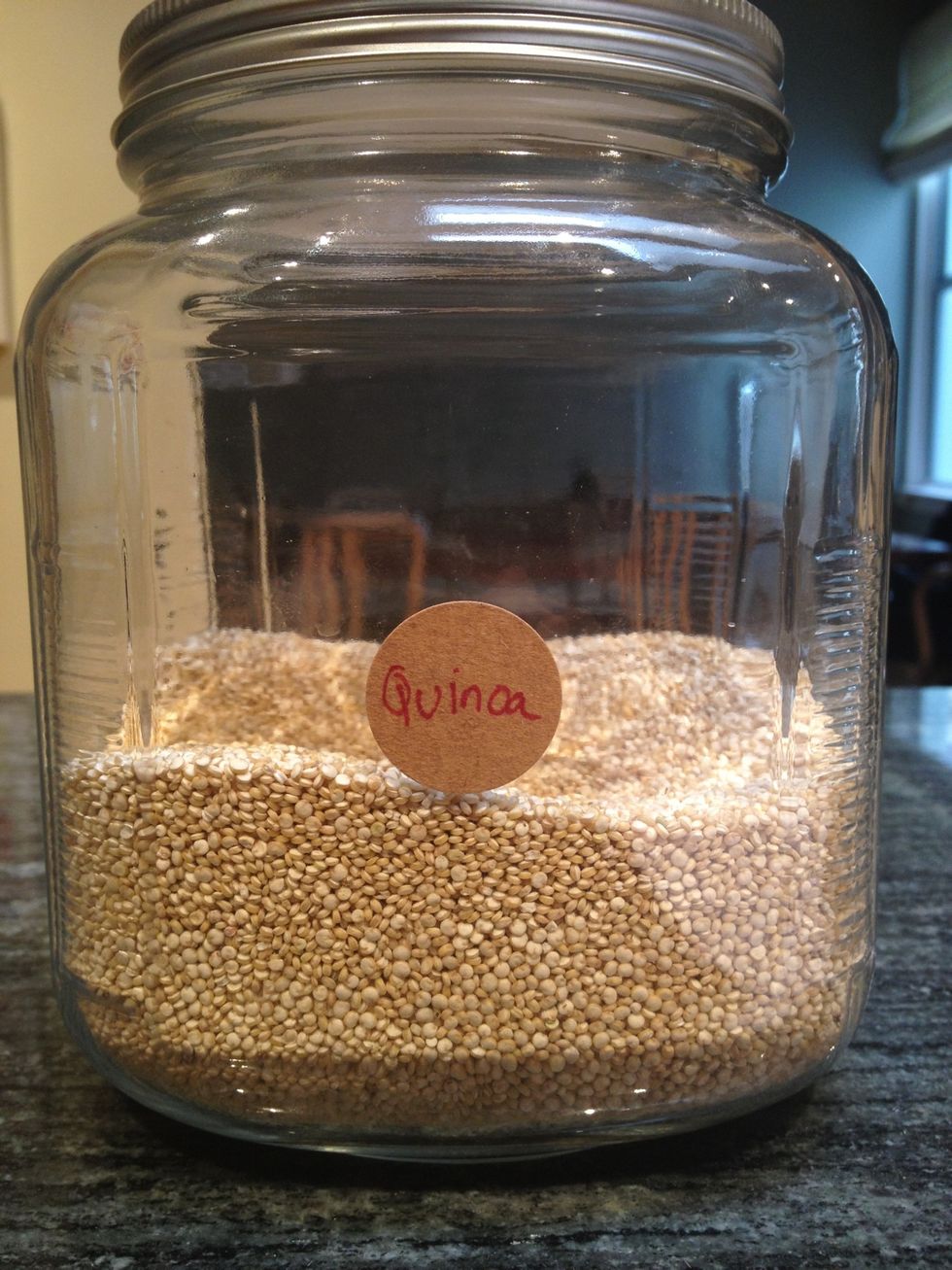 Cook 1.5 cups of dry quinoa. Be sure to soak and rinse the quinoa before cooking (it has a bitter coating called saponin that needs to be washed off).