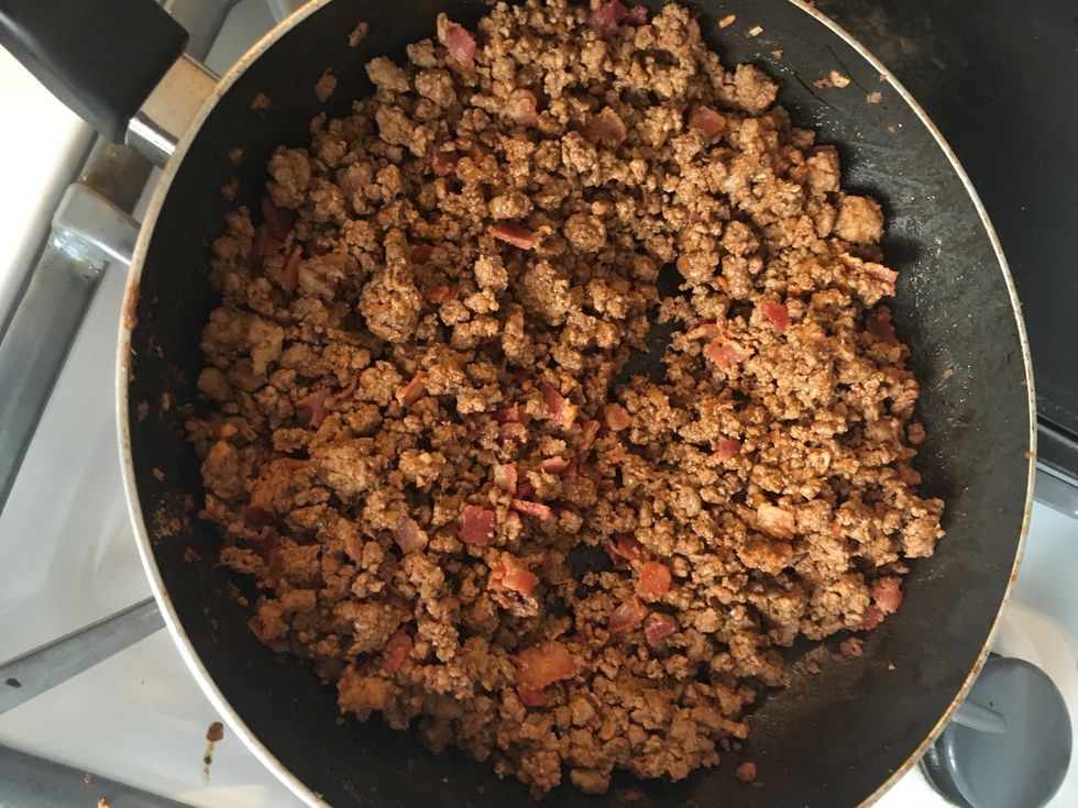 Cook 1 pound of beef & add cooked bacon (if wanted)
