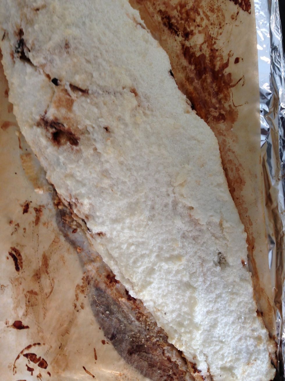 Cook 30-40 mins as well in a preheated oven 220C. Here the temp should b higher. The fish is sealed with the salt mix