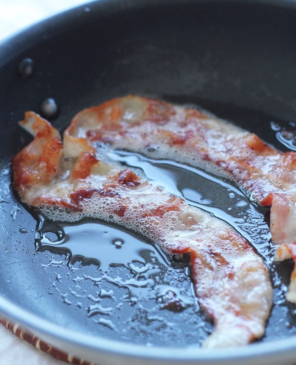 Cook bacon in a large skillet over medium heat until crisp, 6-8 minutes. Once finished cooking pat dry and crumble into small pieces.
