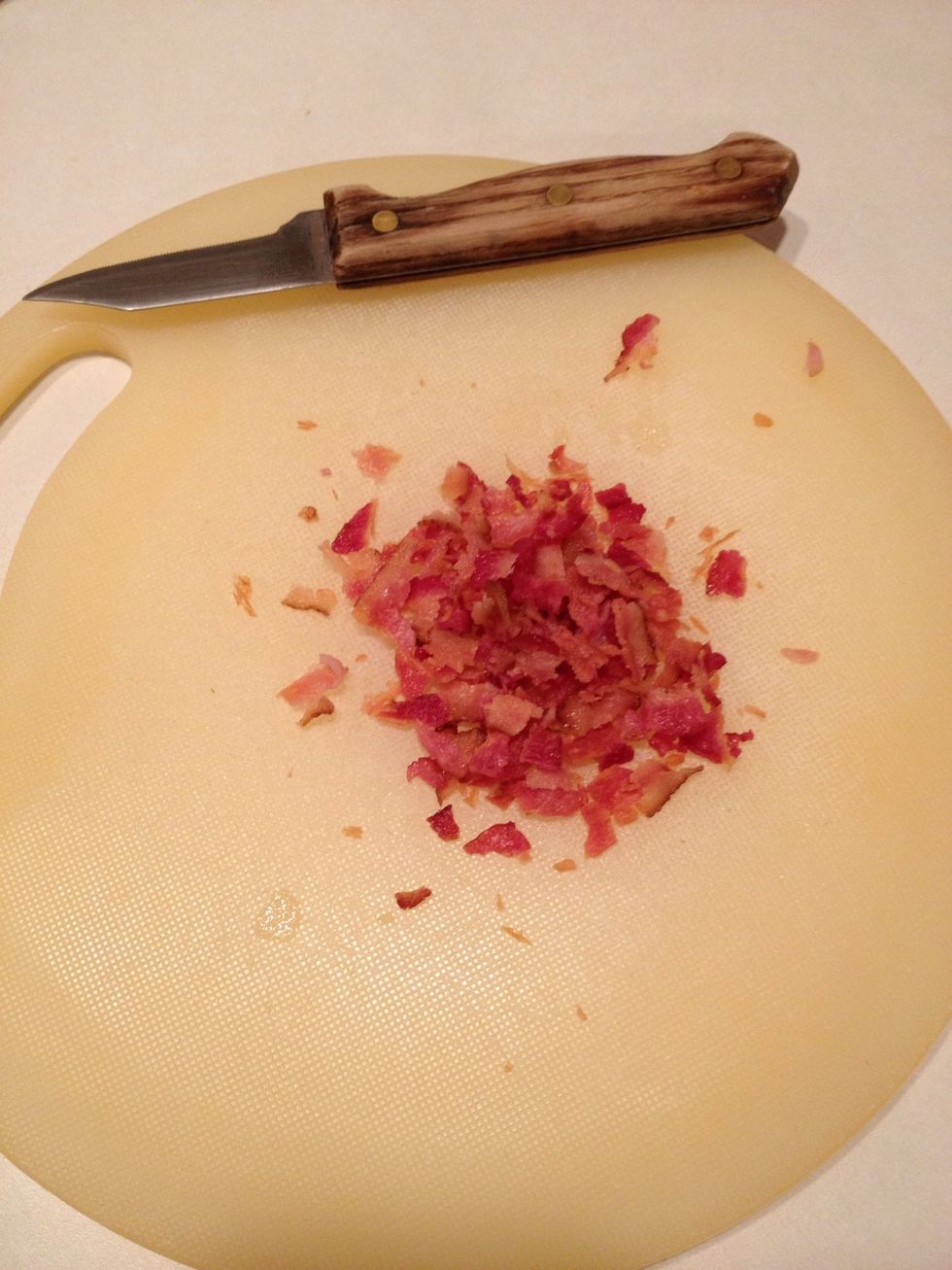 Cook bacon slices and chop into small pieces. Set aside.