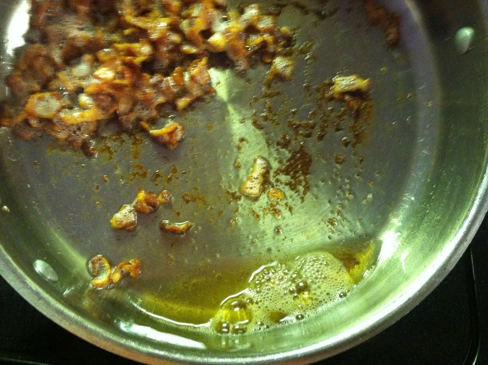 Cook bacon until lightly crispy. And remove all but a tbsp of the oil. DON'T USE FRESH OIL - you want that daydream evoking bacon flavor, okay? ................................. Okay!