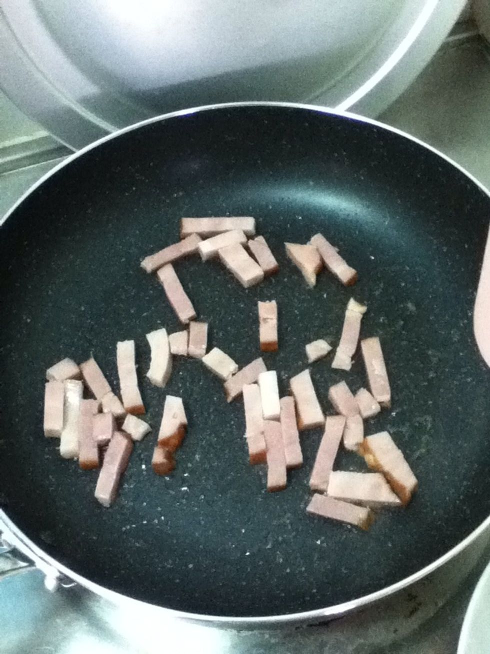 Cook bacon with olive oil or butter. Meanwhile have pasta and asparagus cooked and ready.