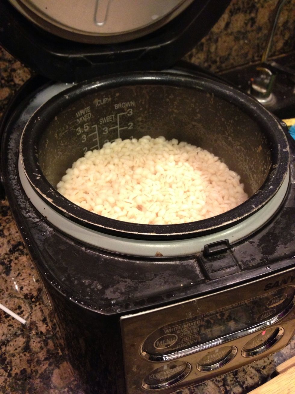 Cook barley in rice cooker. 1 cup of barley with 2 & 1/2 cup water.
