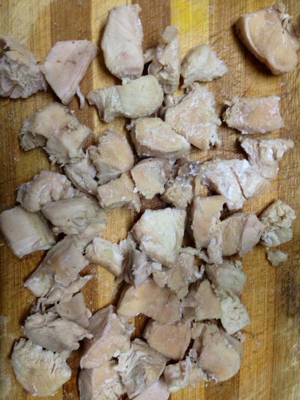 Cook chicken in a pot of salty water. Drain it and cut into small pieces