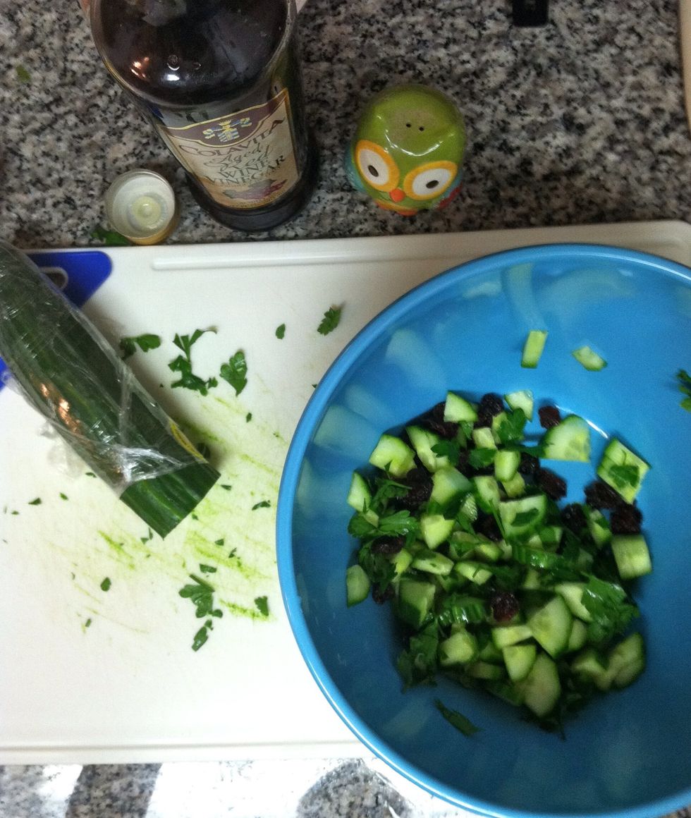 Cook chicken until cooked through, 6-8 minutes per side. Transfer couscous to bowl and gently toss with cucumbers, cherries, parsley, vinegar, 2 tbsp. of remaining oil, and 1/4 tsp. salt and pepper.
