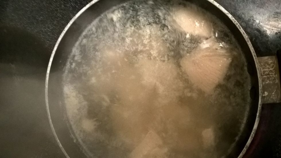 cook chicken until fully done then cut into 1 inch pieces