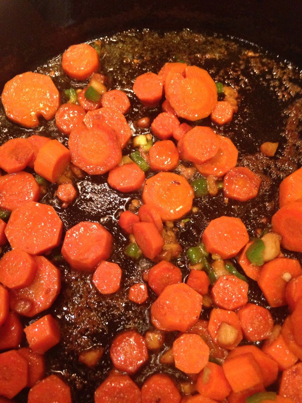 Cook down a bit like so. You're probably wondering how the hell jalape\u00f1os got in here? I messed up my pic taking, so just calm the hell down & don't add them in yet. Just cook the carrots down!