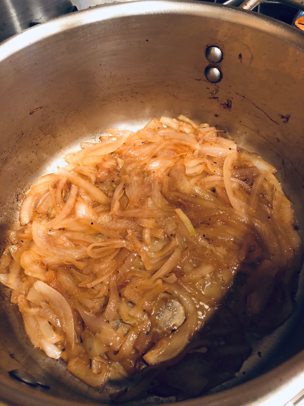 Cook down the onions. Add wine and stock, reduce to almost dry