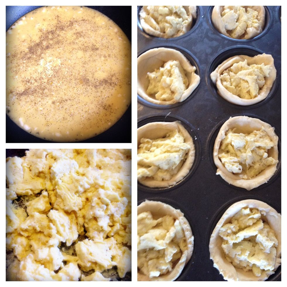 Cook eggs over medium heat. Add salt and pepper. Cook eggs until just set, still a little runny. Divide eggs evenly into crescent rolls.