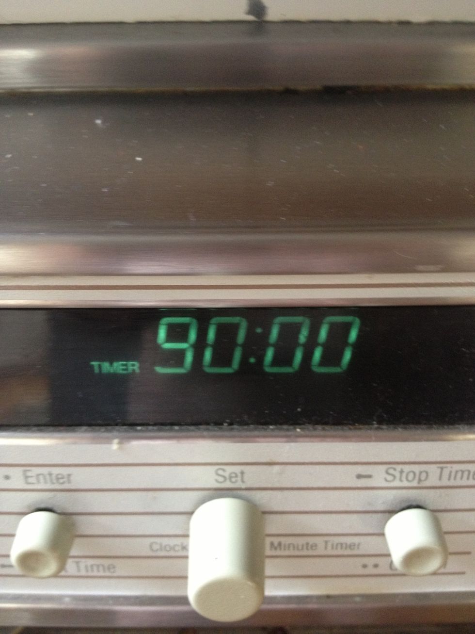 Cook for 1 and a half hours if you won't soft in middle if not cook for 2 hours for crispy all the way through