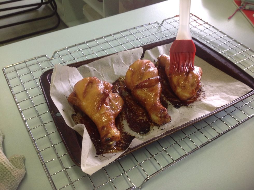 Cook for 30 minutes or until golden brown and cooked all through the chicken. Baste the drumsticks with the remaining marinate every 10 minutes.