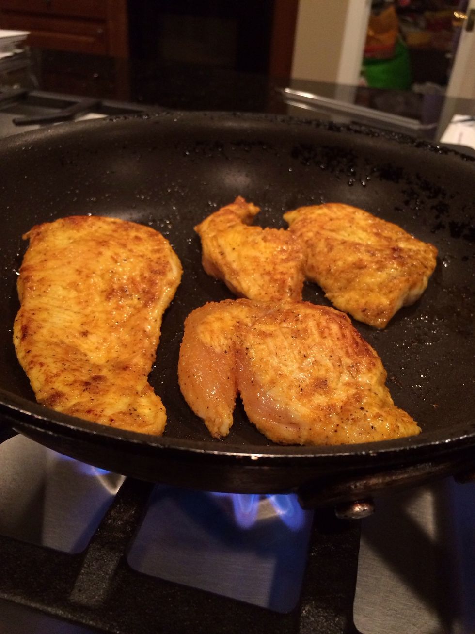 Cook for a minute on each side then cover pan for 3 minutes and let the chicken cook completely