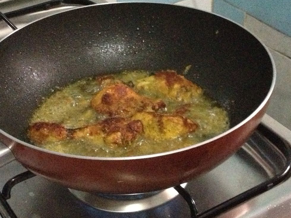 Cook for about 3 minutes on each side. Note: shallots give us beautiful fragrant and flavor, but some people omit the shallots coz shallots tend to make the fried chicken easily browned.