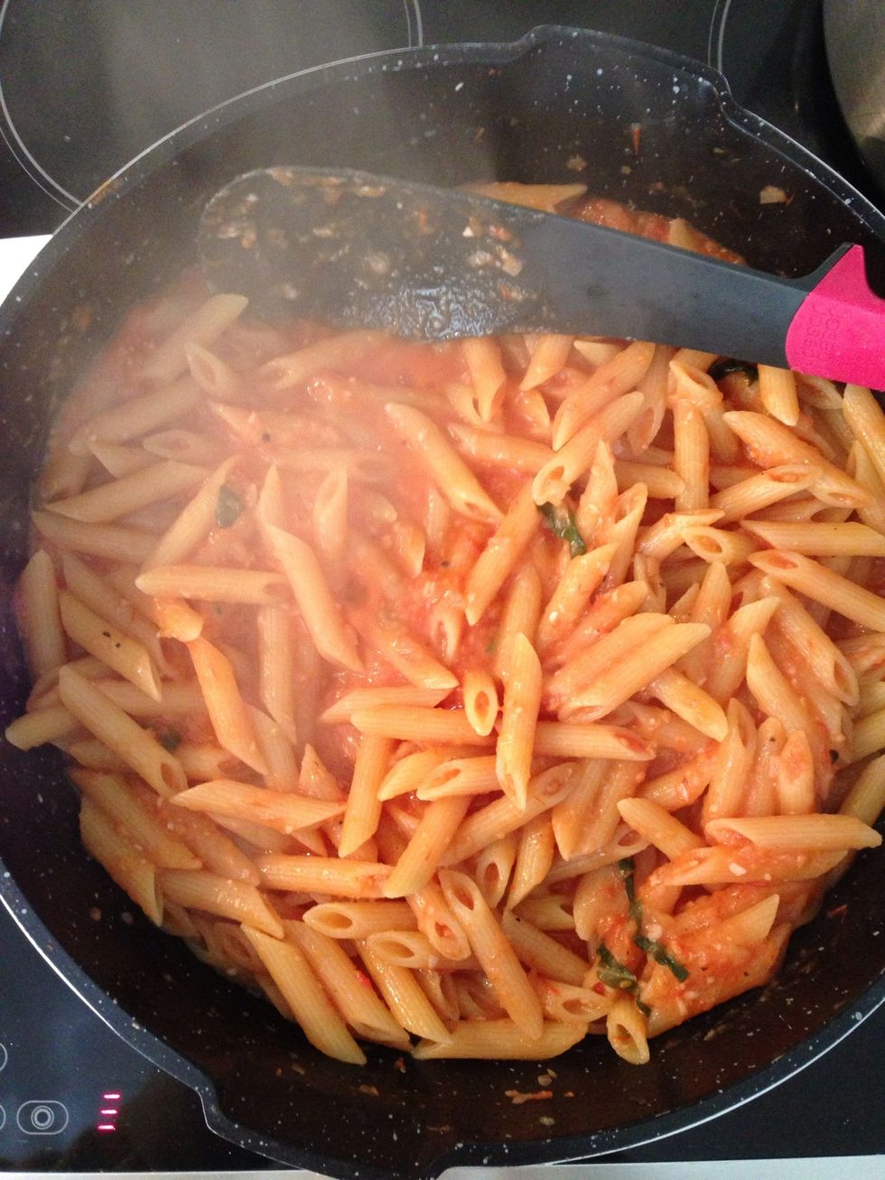 Cook for almost 5 mins. It depends how much al dente you would like your pasta....add basil leaves and ........serve