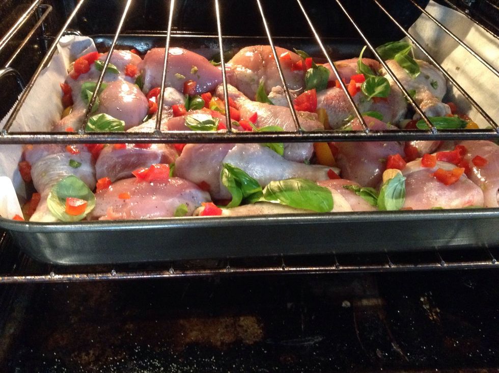 Cook in a hot oven for 11/2 hours, turning the chicken pieces halfway through