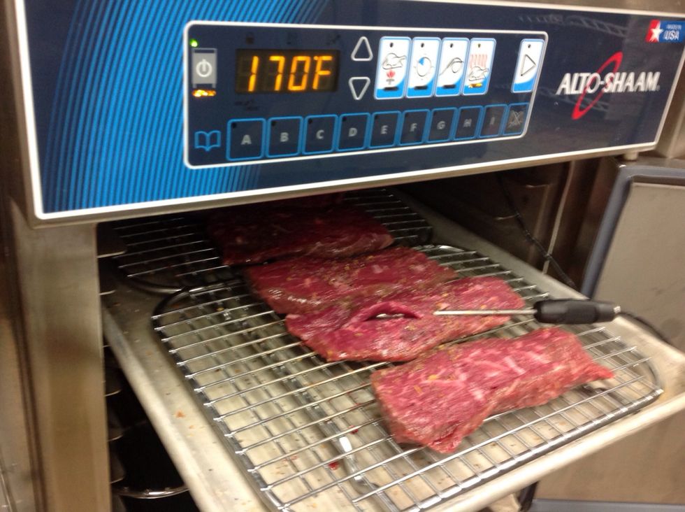 Cook in Alto-Shaam oven at 170F (77C) in hold mode. Use remote temperature probe to monitor internal temperature.