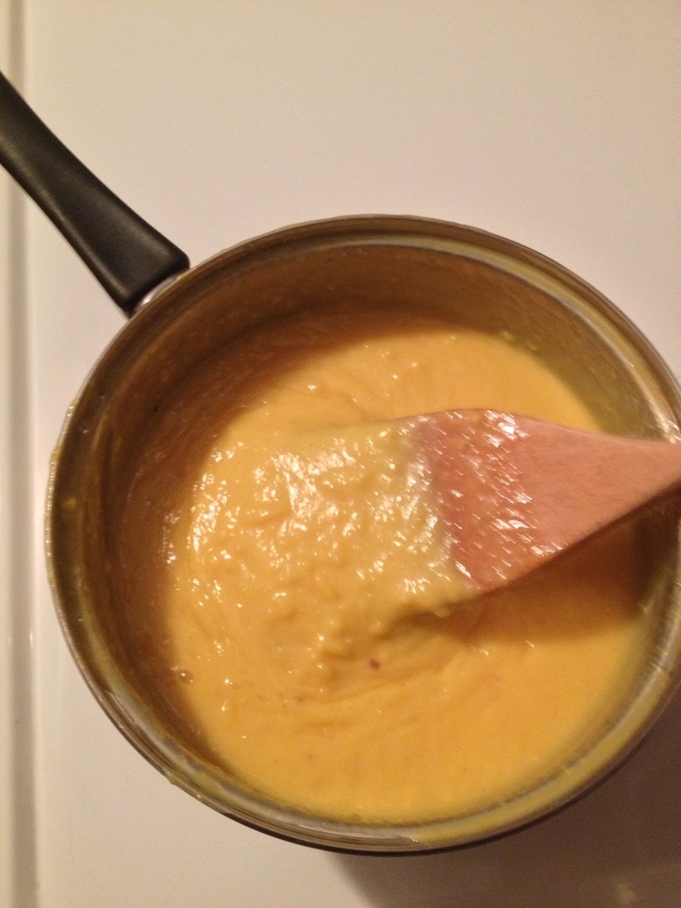 Cook in low heat and stir continuously until texture becomes thick and small lumps appear. Remove from heat and set aside.