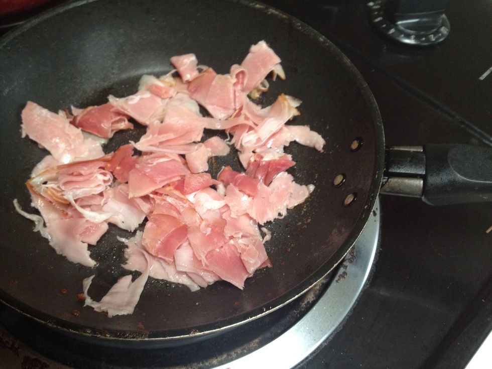 Cook into pan with olive oil. The prosciutto will shrink like bacon so add more if you think there isn't enough. Make it slightly brown and crispy for a good crunch!